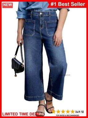 Plus Size High Waisted Cropped Wide Leg Stretchy Denim Jeans Pockets